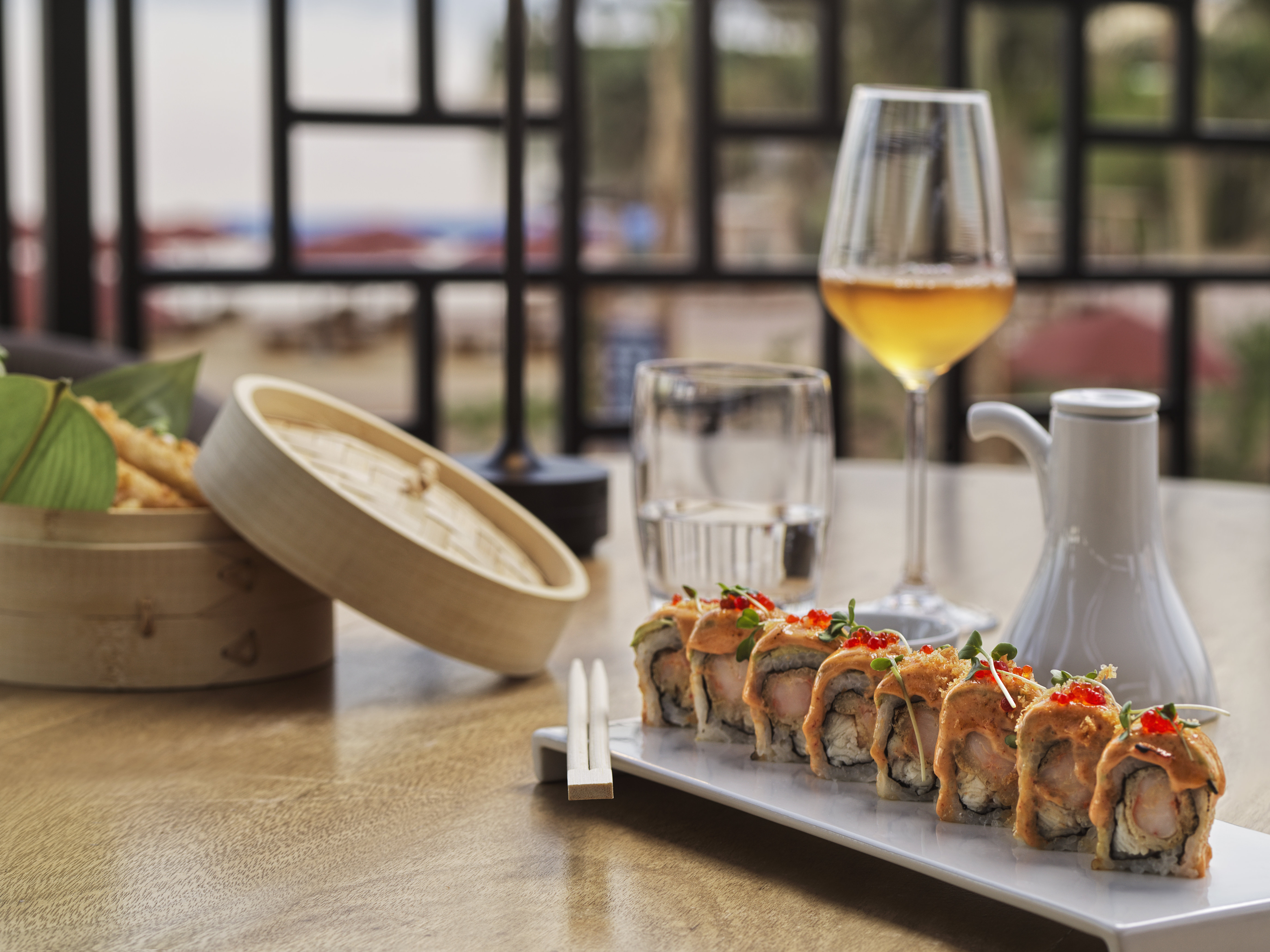 Plate of Sushi and a wine glass at Nihon Restaurant - Chedi El Gouna